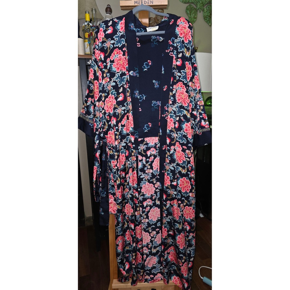 Vintage Natori Womens Floral Long Robe Navy Pink Teal Kimono Sleeve Belt Medium